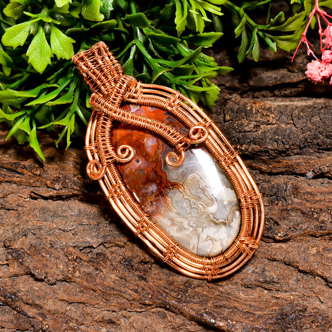 Amazing Top Grade Quality 100% Natural Crazy Lace Agate Gemstone Oval Vintage Handmade Pure Copper Wire Wrapped Pendant 2.5