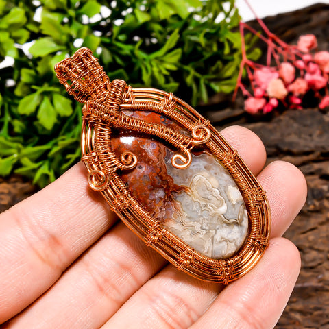 Amazing Top Grade Quality 100% Natural Crazy Lace Agate Gemstone Oval Vintage Handmade Pure Copper Wire Wrapped Pendant 2.5