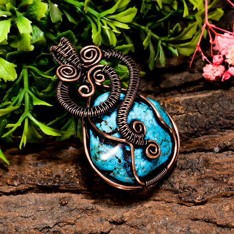 Awesome Top Grade Quality 100% Natural Tibetan Turquoise Gemstone Tumbled Vintage Handmade Pure Copper Wire Wrapped Pendant 2