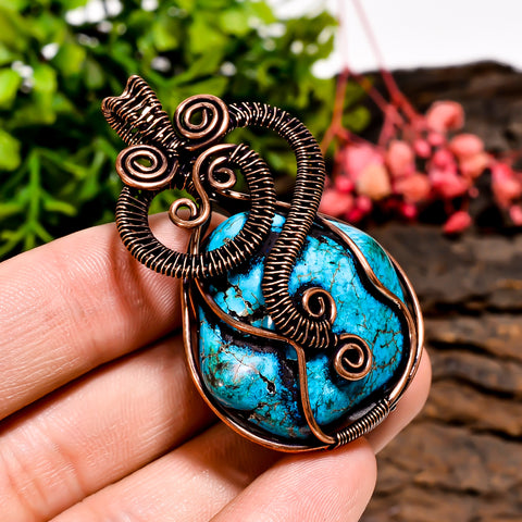 Awesome Top Grade Quality 100% Natural Tibetan Turquoise Gemstone Tumbled Vintage Handmade Pure Copper Wire Wrapped Pendant 2