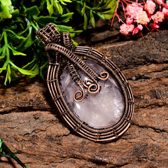Beautiful Top Grade Quality 100% Natural Rose Quartz Gemstone Oval Vintage Handmade Pure Copper Wire Wrapped Pendant 2.3" 19.1 gms. KR09-79 Sunkarton