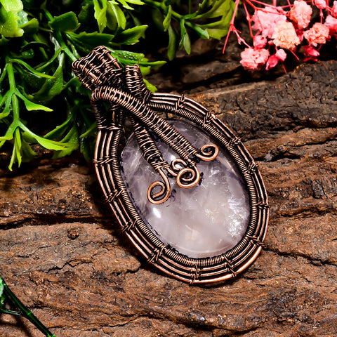 Beautiful Top Grade Quality 100% Natural Rose Quartz Gemstone Oval Vintage Handmade Pure Copper Wire Wrapped Pendant 2.3