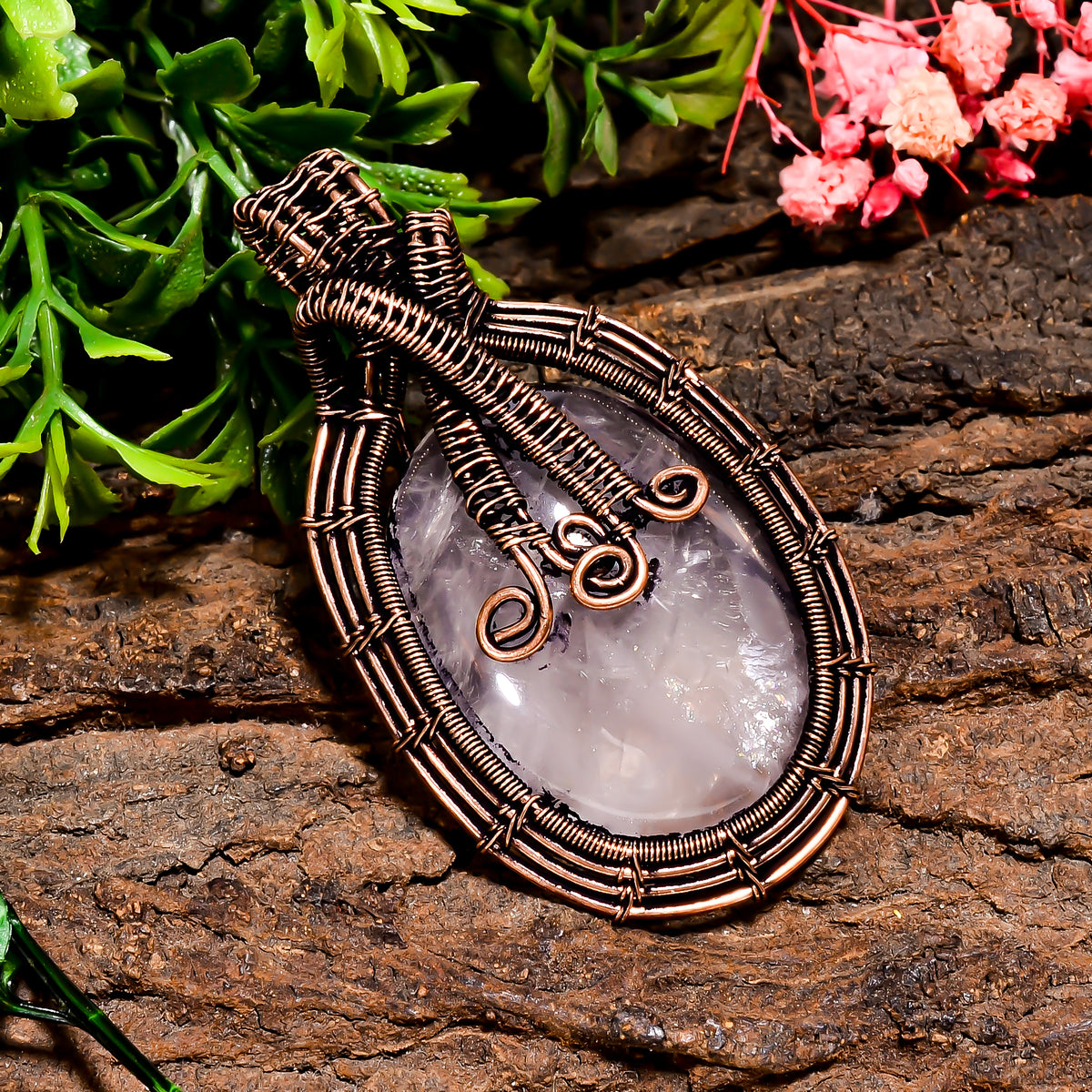Beautiful Top Grade Quality 100% Natural Rose Quartz Gemstone Oval Vintage Handmade Pure Copper Wire Wrapped Pendant 2.3" 19.1 gms. KR09-79 Sunkarton
