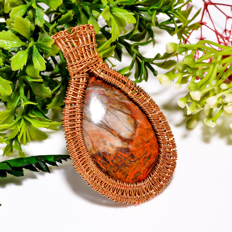 Excellent Top Grade Quality 100% Natural Seam Agate Gemstone Pear Vintage Handmade Pure Copper Wire Wrapped Pendant 2.6