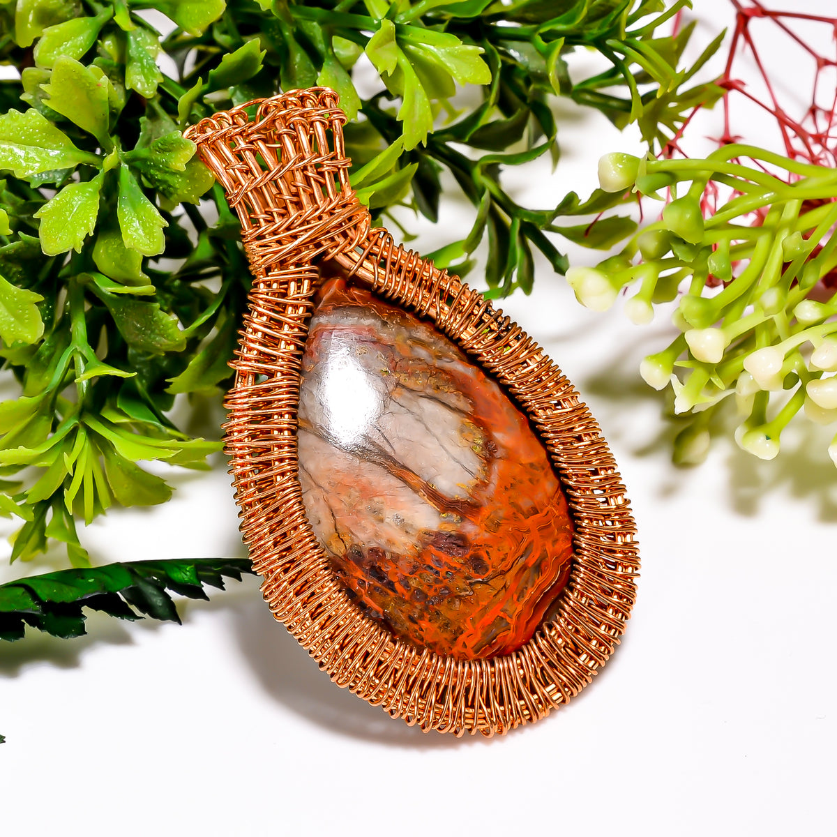 Excellent Top Grade Quality 100% Natural Seam Agate Gemstone Pear Vintage Handmade Pure Copper Wire Wrapped Pendant 2.6" 23.5 gms. KR09-7 Sunkarton