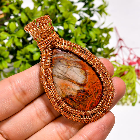 Excellent Top Grade Quality 100% Natural Seam Agate Gemstone Pear Vintage Handmade Pure Copper Wire Wrapped Pendant 2.6