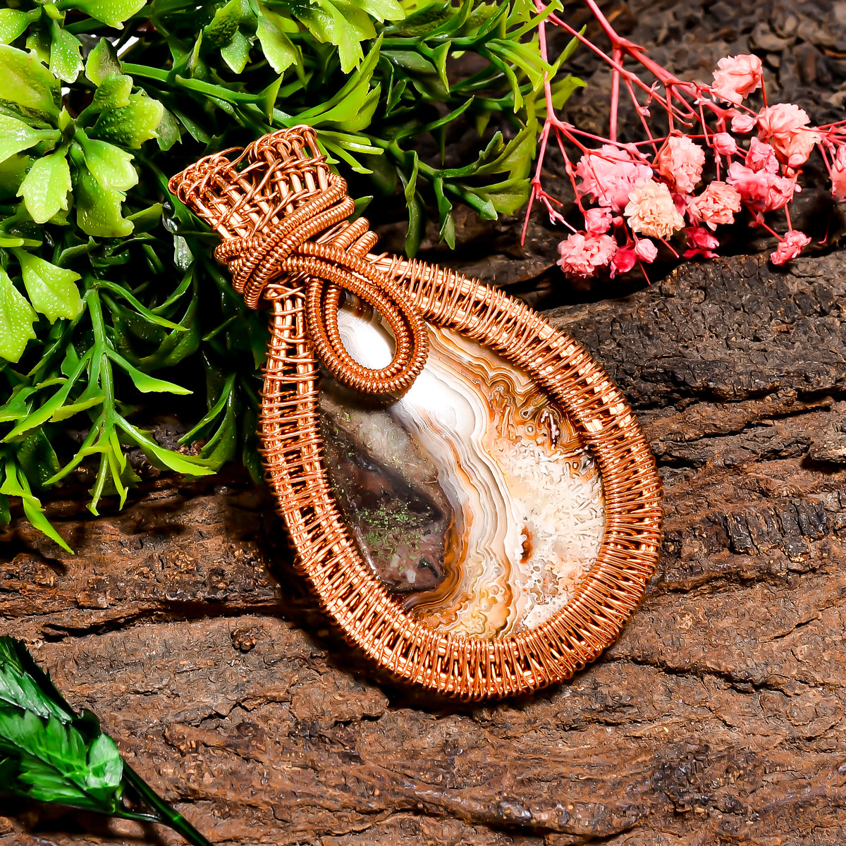 Classic Top Grade Quality 100% Natural Crazy Lace Agate Gemstone Pear Vintage Handmade Pure Copper Wire Wrapped Pendant 2.7" 29.8 gms KR0980 Sunkarton