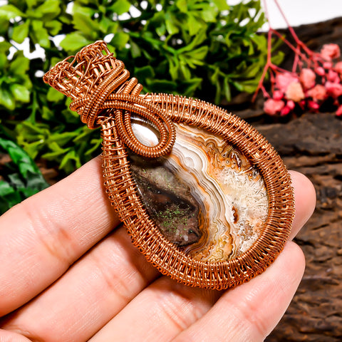 Classic Top Grade Quality 100% Natural Crazy Lace Agate Gemstone Pear Vintage Handmade Pure Copper Wire Wrapped Pendant 2.7