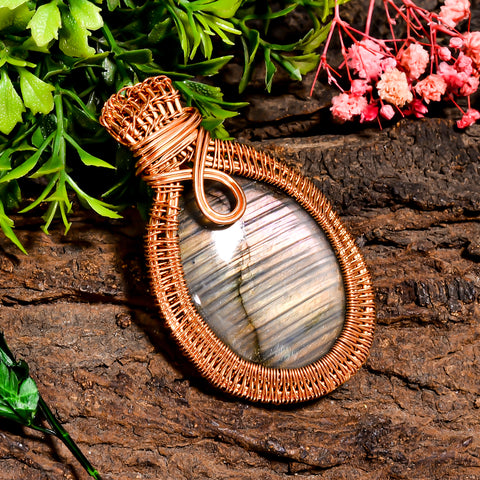 Dazzling Top Grade Quality 100% Natural Labradorite Gemstone Oval Vintage Handmade Pure Copper Wire Wrapped Pendant 2.6