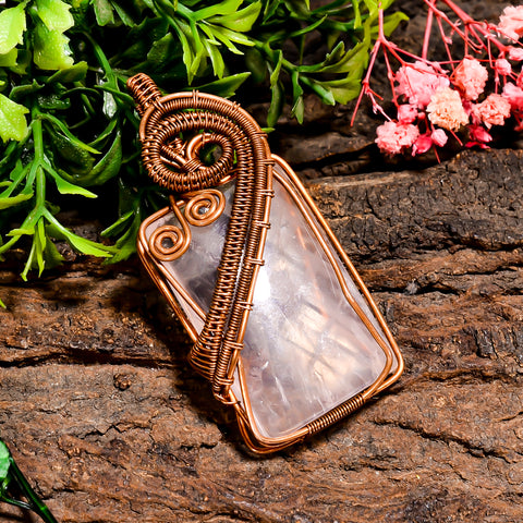 Excellent Top Grade Quality 100% Natural Rose Quartz Gemstone Radiant Vintage Handmade Pure Copper Wire Wrapped Pendant 2.4