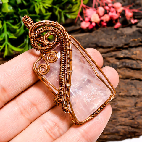 Excellent Top Grade Quality 100% Natural Rose Quartz Gemstone Radiant Vintage Handmade Pure Copper Wire Wrapped Pendant 2.4