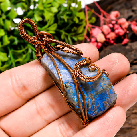 Exclusive Top Grade Quality 100% Natural Labradorite Gemstone Vintage Handmade Jewelry Pure Copper Wire Wrapped Pendant 2.4