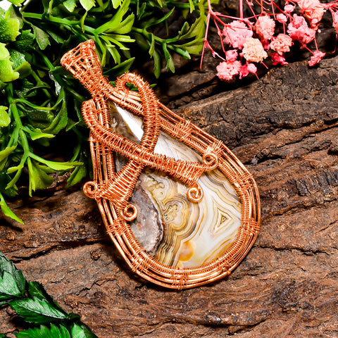 Elegant Top Grade Quality 100% Natural Crazy Lace Agate Gemstone Pear Vintage Handmade Pure Copper Wire Wrapped Pendant 2.7