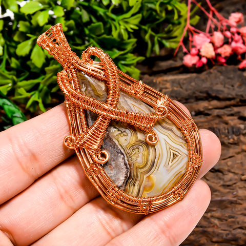Elegant Top Grade Quality 100% Natural Crazy Lace Agate Gemstone Pear Vintage Handmade Pure Copper Wire Wrapped Pendant 2.7