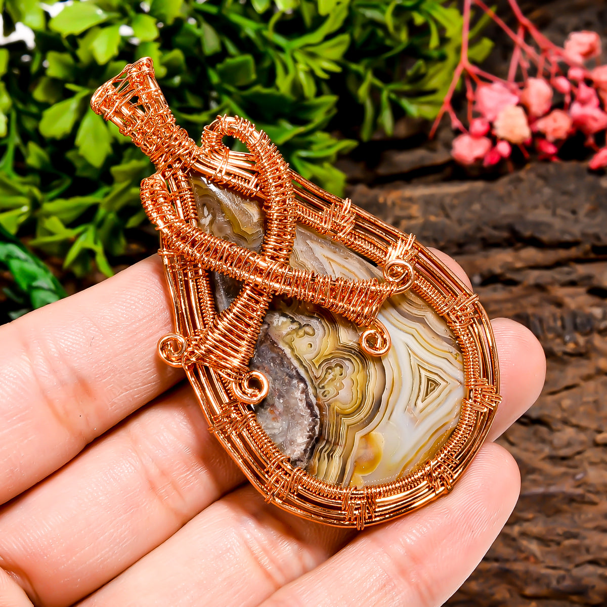 Elegant Top Grade Quality 100% Natural Crazy Lace Agate Gemstone Pear Vintage Handmade Pure Copper Wire Wrapped Pendant 2.7" 20.7 gms KR0984 Sunkarton