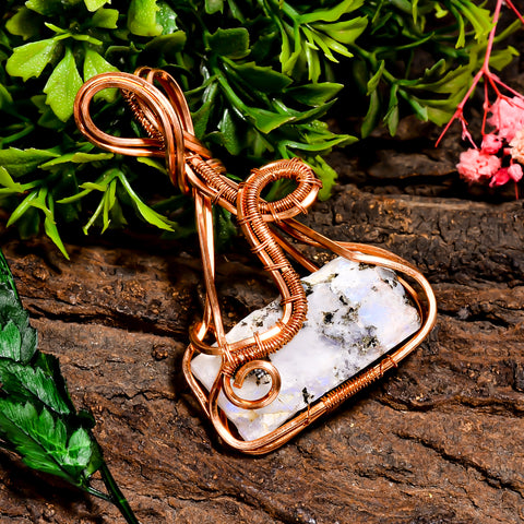 Fabulous Top Grade Quality 100% Natural Rainbow Moonstone Gemstone Vintage Handmade Pure Copper Wire Wrapped Pendant 2.5