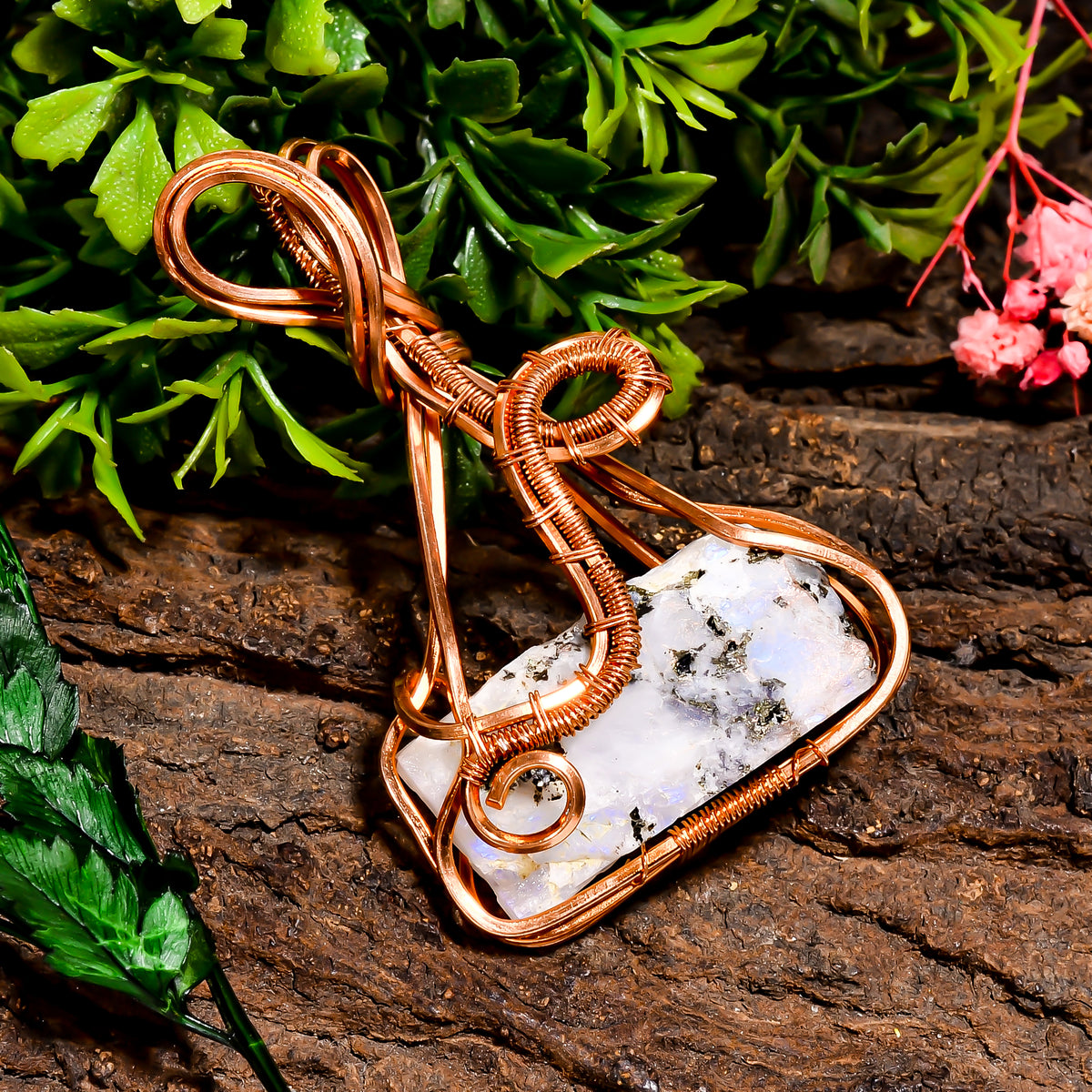 Fabulous Top Grade Quality 100% Natural Rainbow Moonstone Gemstone Vintage Handmade Pure Copper Wire Wrapped Pendant 2.5" 24.1 gms. KR09-85 Sunkarton