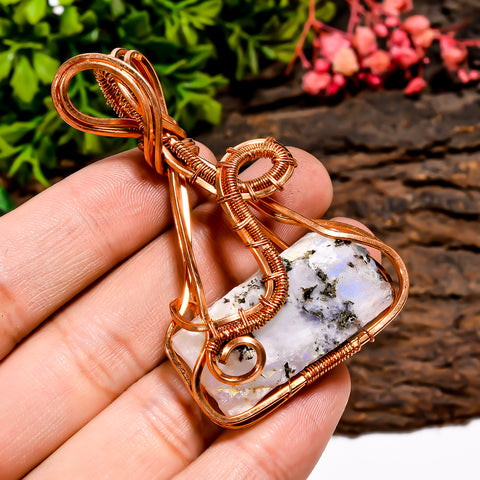 Fabulous Top Grade Quality 100% Natural Rainbow Moonstone Gemstone Vintage Handmade Pure Copper Wire Wrapped Pendant 2.5