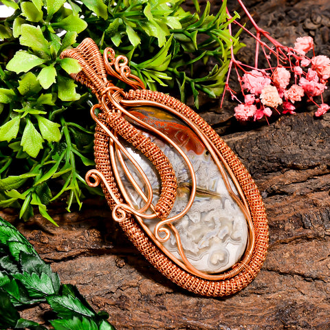 Gorgeous A One Quality 100% Natural Crazy Lace Agate Gemstone Oval Vintage Handmade Pure Copper Wire Wrapped Pendant 3.3