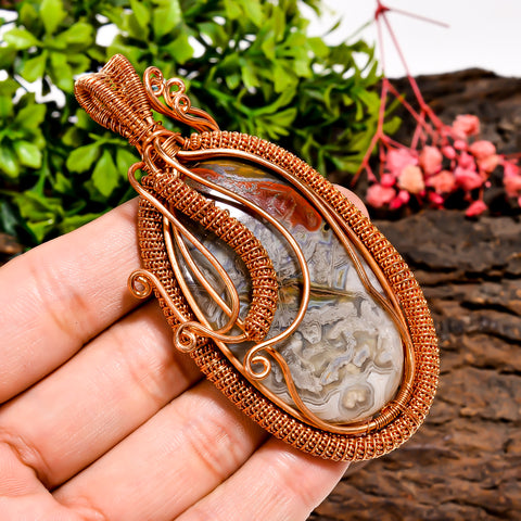 Gorgeous A One Quality 100% Natural Crazy Lace Agate Gemstone Oval Vintage Handmade Pure Copper Wire Wrapped Pendant 3.3