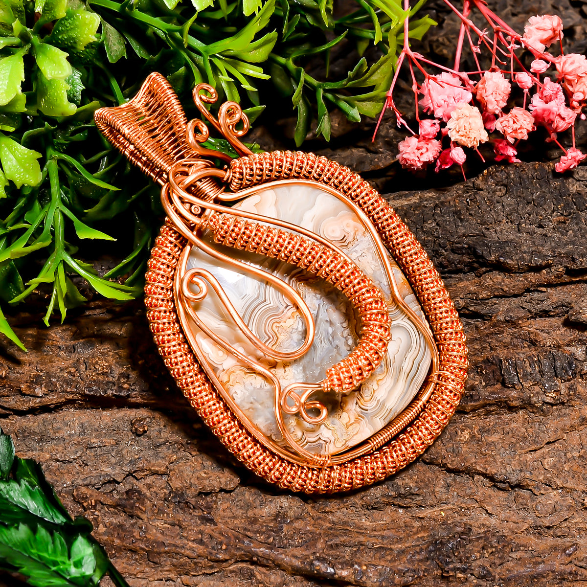 Immaculate A One Quality 100% Natural Crazy Lace Agate Gemstone Radiant Vintage Handmade Pure Copper Wire Wrapped Pendant 2.7" 32 gms KR0988 Sunkarton