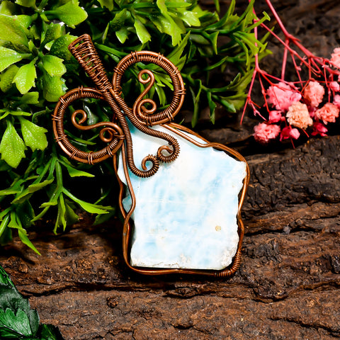 Incredible Top Grade Quality 100% Natural Larimar Gemstone Vintage Handmade Jewelry Pure Copper Wire Wrapped Pendant 2.7