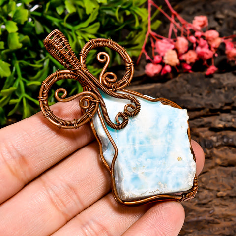 Incredible Top Grade Quality 100% Natural Larimar Gemstone Vintage Handmade Jewelry Pure Copper Wire Wrapped Pendant 2.7
