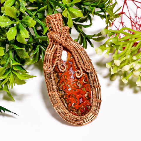 Exclusive Top Grade Quality 100% Natural Seam Agate Gemstone Oval Vintage Handmade Pure Copper Wire Wrapped Pendant 2.6