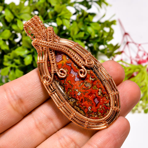 Exclusive Top Grade Quality 100% Natural Seam Agate Gemstone Oval Vintage Handmade Pure Copper Wire Wrapped Pendant 2.6