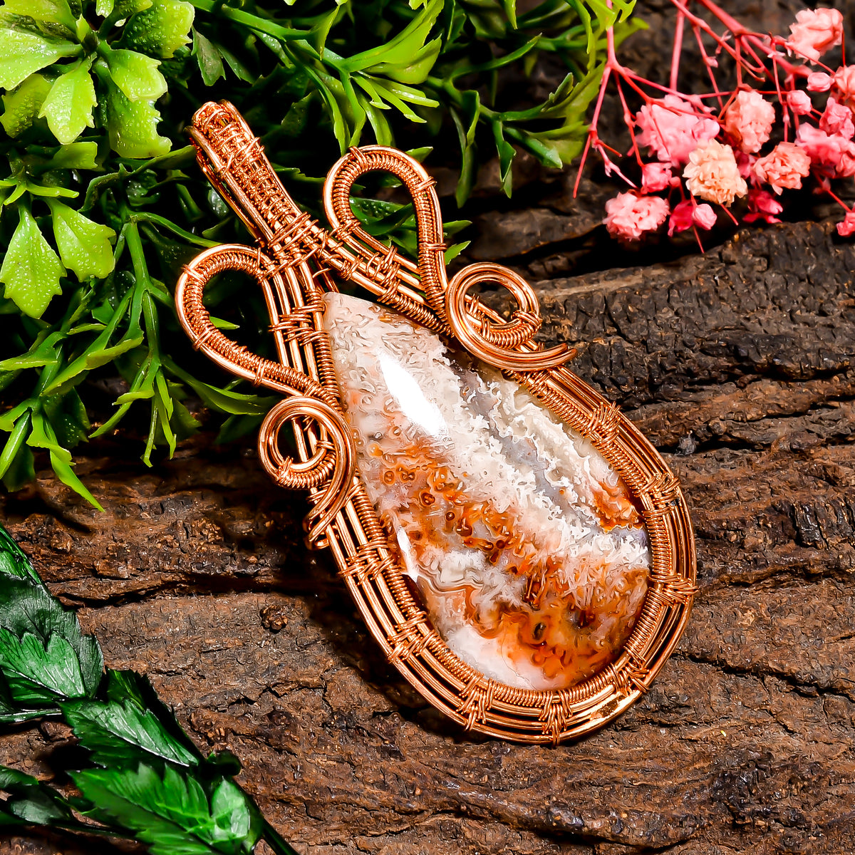 Marvellous A One Quality 100% Natural Crazy Lace Agate Gemstone Pear Vintage Handmade Pure Copper Wire Wrapped Pendant 2.9" 23.2 gms KR09-90 Sunkarton