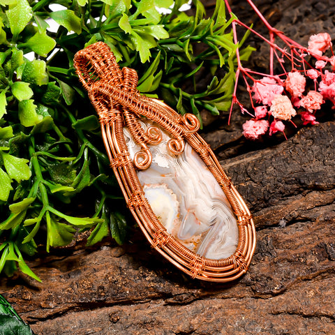 Mind Blowing A One 100% Natural Crazy Lace Agate Gemstone Oval Vintage Handmade Pure Copper Wire Wrapped Pendant 2.7