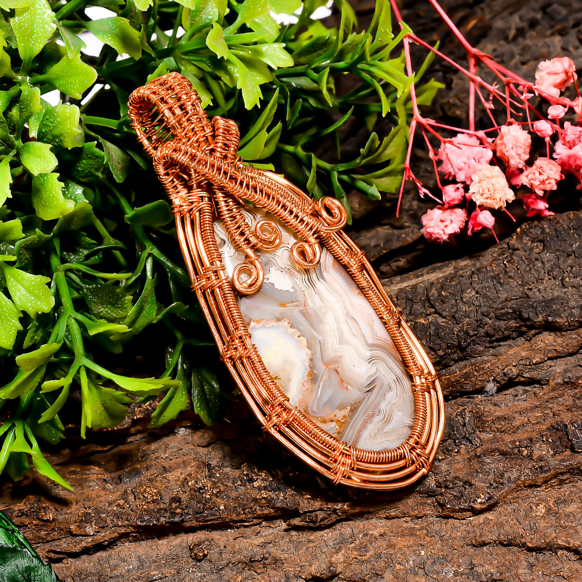 Mind Blowing A One 100% Natural Crazy Lace Agate Gemstone Oval Vintage Handmade Pure Copper Wire Wrapped Pendant 2.7" 18.3 gms. KR09-91 Sunkarton