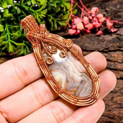 Mind Blowing A One 100% Natural Crazy Lace Agate Gemstone Oval Vintage Handmade Pure Copper Wire Wrapped Pendant 2.7