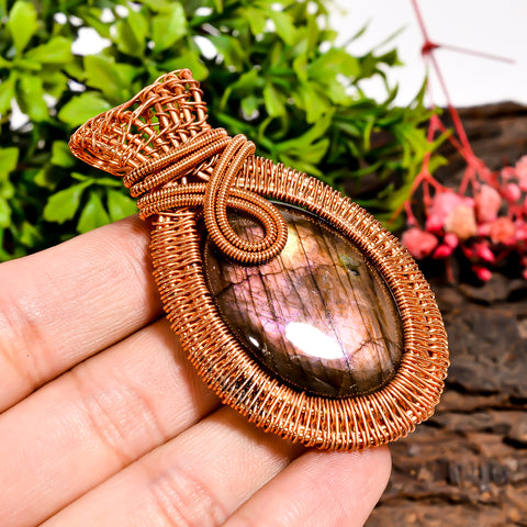 Outstanding Top Grade Quality 100% Natural Labradorite Gemstone Oval Vintage Handmade Pure Copper Wire Wrapped Pendant 2.5