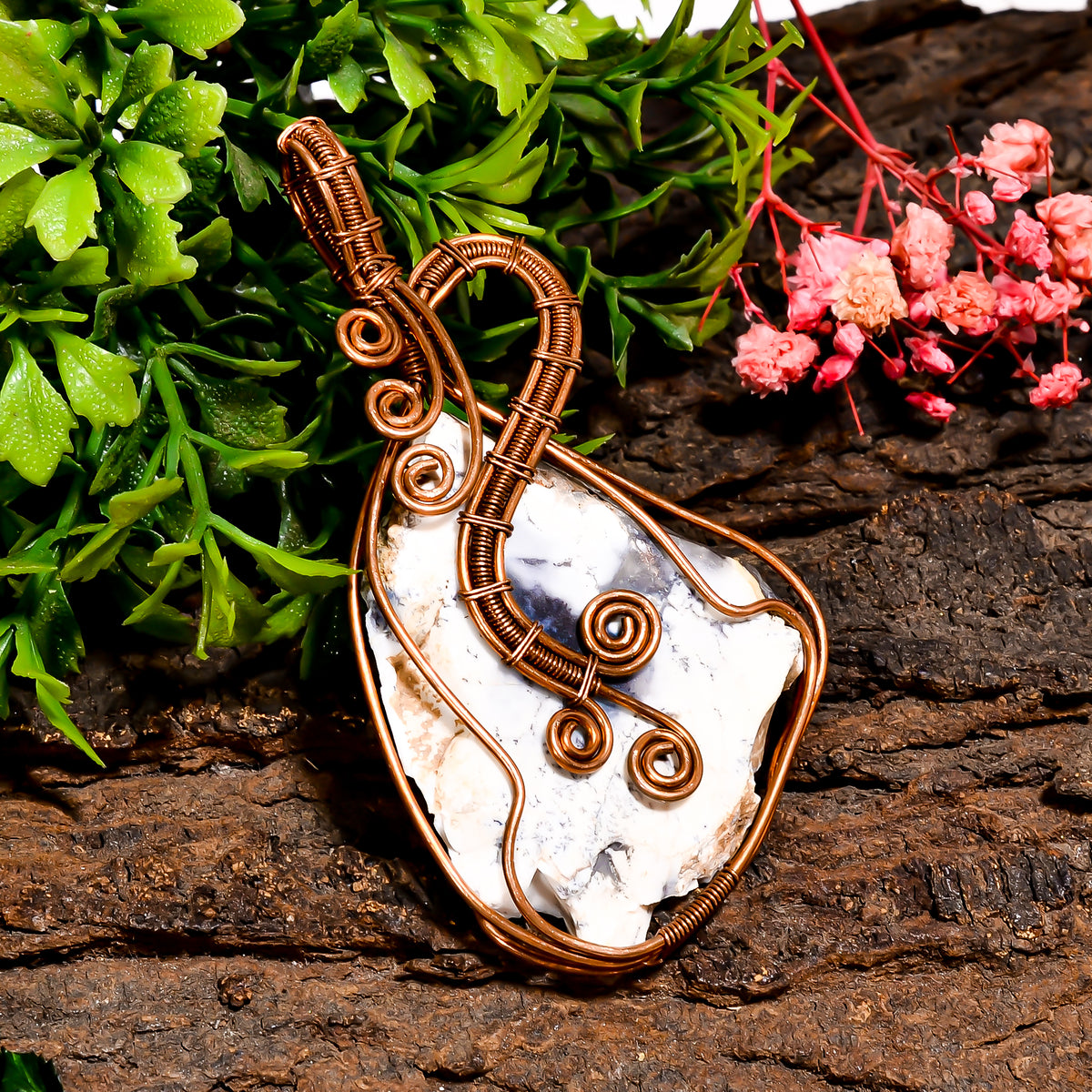 Superb Top Grade Quality 100% Natural Dendrite Opal Gemstone Vintage Handmade Jewelry Pure Copper Wire Wrapped Pendant 2.8" 18.6 gms KR09-94 Sunkarton