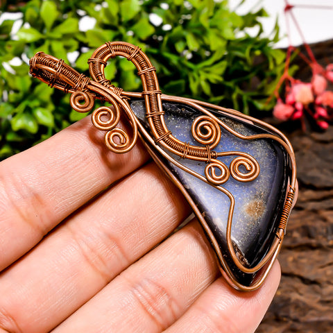 Stunning Top Grade Quality 100% Natural Black Druzy Gemstone Vintage Handmade Jewelry Pure Copper Wire Wrapped Pendant 2.8