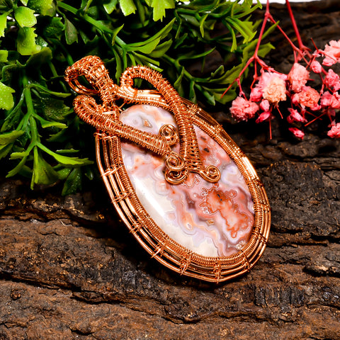 Supreme Top Grade Quality 100% Natural Crazy Lace Agate Gemstone Oval Vintage Handmade Pure Copper Wire Wrapped Pendant 2.5