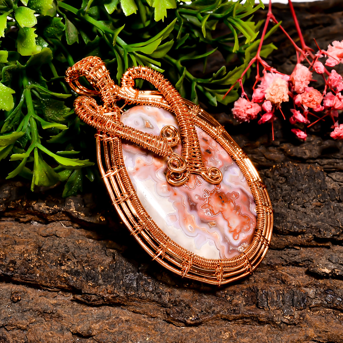 Supreme Top Grade Quality 100% Natural Crazy Lace Agate Gemstone Oval Vintage Handmade Pure Copper Wire Wrapped Pendant 2.5" 29 gms. KR09-96 Sunkarton