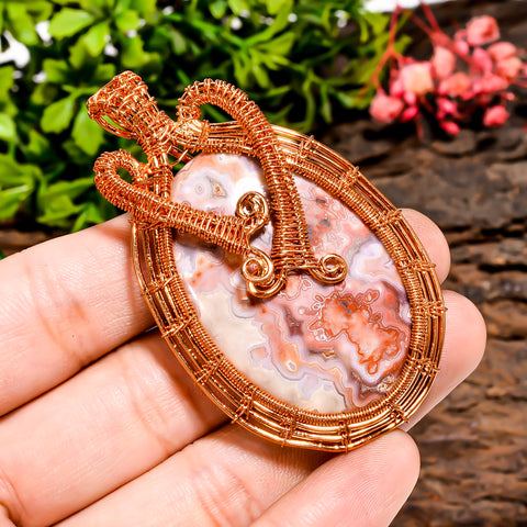 Supreme Top Grade Quality 100% Natural Crazy Lace Agate Gemstone Oval Vintage Handmade Pure Copper Wire Wrapped Pendant 2.5