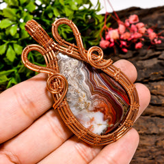 Tempting A One Quality 100% Natural Crazy Lace Agate Gemstone Pear Vintage Handmade Pure Copper Wire Wrapped Pendant 2.7" 22.7 gms. KR09-97 Sunkarton