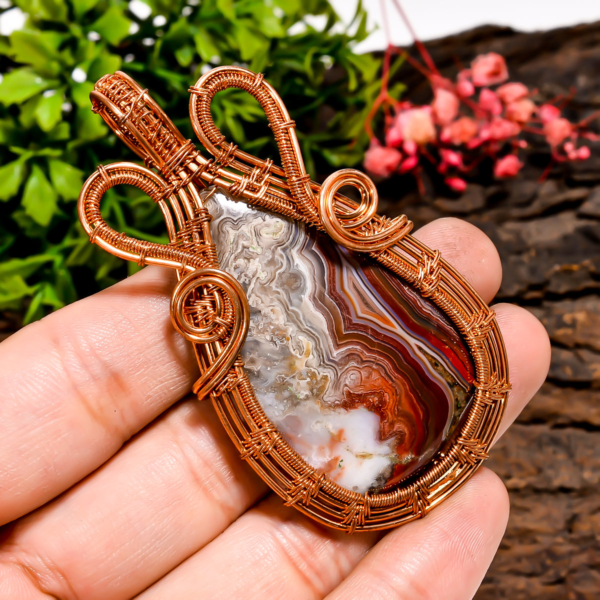 Tempting A One Quality 100% Natural Crazy Lace Agate Gemstone Pear Vintage Handmade Pure Copper Wire Wrapped Pendant 2.7" 22.7 gms. KR09-97 Sunkarton