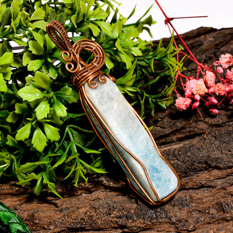 Terrific Top Grade Quality 100% Natural Larimar Gemstone Pencil Vintage Handmade Pure Copper Wire Wrapped Pendant 3.4