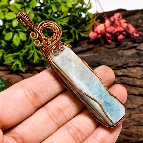 Terrific Top Grade Quality 100% Natural Larimar Gemstone Pencil Vintage Handmade Pure Copper Wire Wrapped Pendant 3.4