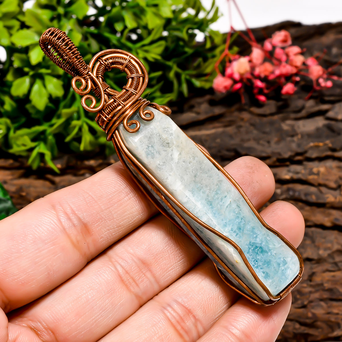 Terrific Top Grade Quality 100% Natural Larimar Gemstone Pencil Vintage Handmade Pure Copper Wire Wrapped Pendant 3.4" 29.8 gms. KR09-98 Sunkarton