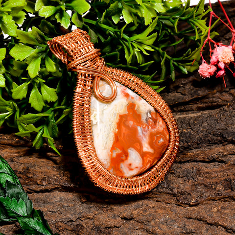 Unique Top Grade Quality 100% Natural Crazy Lace Agate Gemstone Pear Vintage Handmade Pure Copper Wire Wrapped Pendant 2.6