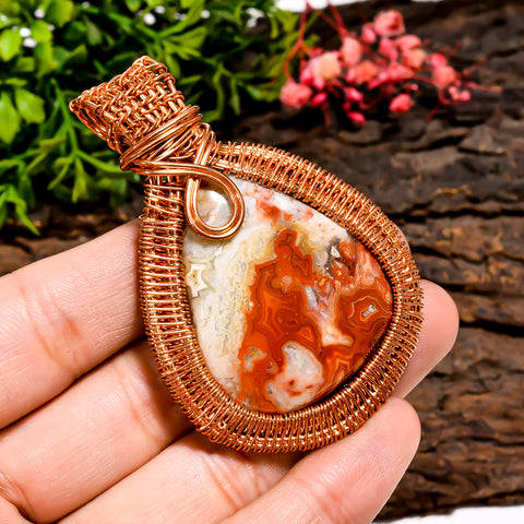 Unique Top Grade Quality 100% Natural Crazy Lace Agate Gemstone Pear Vintage Handmade Pure Copper Wire Wrapped Pendant 2.6