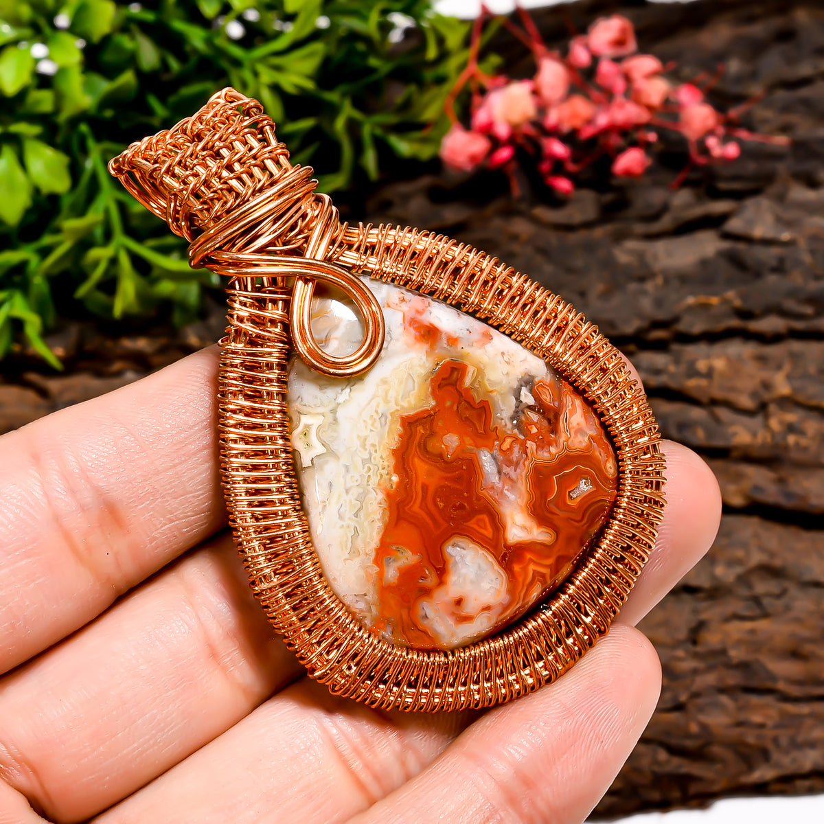 Unique Top Grade Quality 100% Natural Crazy Lace Agate Gemstone Pear Vintage Handmade Pure Copper Wire Wrapped Pendant 2.6" 27.7 gms KR09-99 Sunkarton