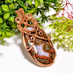 Elegant Top Grade Quality 100% Natural Seam Agate Gemstone Oval Vintage Handmade Pure Copper Wire Wrapped Pendant 2.8" 24.6 gms. KR09-9 Sunkarton