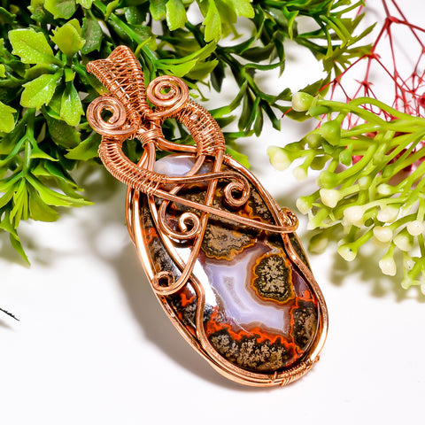 Elegant Top Grade Quality 100% Natural Seam Agate Gemstone Oval Vintage Handmade Pure Copper Wire Wrapped Pendant 2.8