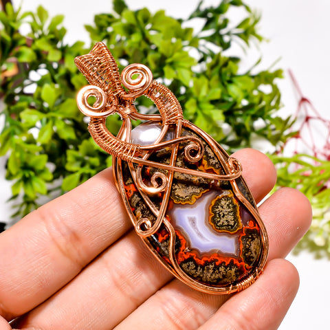 Elegant Top Grade Quality 100% Natural Seam Agate Gemstone Oval Vintage Handmade Pure Copper Wire Wrapped Pendant 2.8